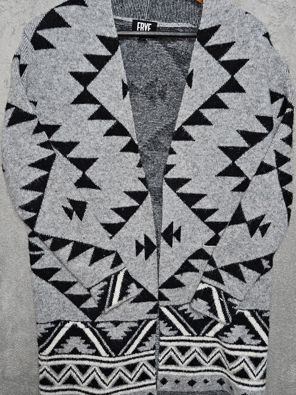 FRYE Gray and Black Aztec Shawl Collar Cardigan